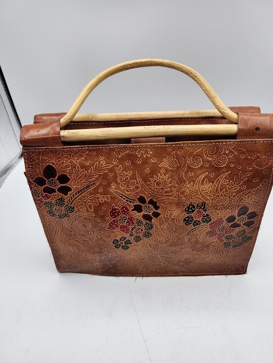 indeed Handbags - Hand-Tooled Handpainted Vintage Floral Leather Satchel with Wood Handle Brown